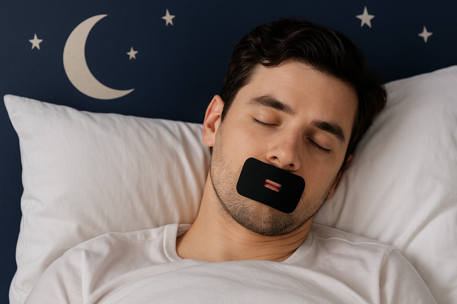 Person schläft friedlich mit Mouth Tape, Mond und Sterne im Hintergrund symbolisieren erholsamen Nachtschlaf
