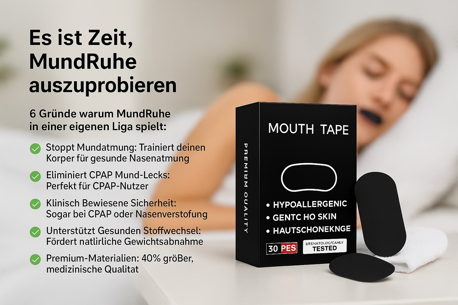 MundRuhe Mouth Tape Verpackung mit einzelnen Tapestreifen, professionell arrangiert auf weißem Hintergrund
